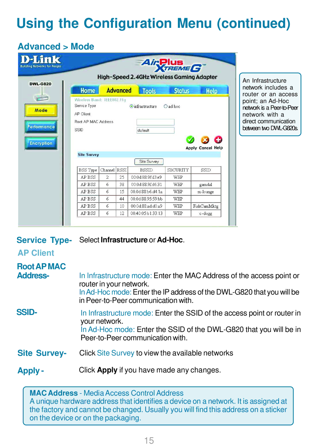 D-Link DWL-G820 manual Advanced Mode, Service Type, Select Infrastructure or Ad-Hoc 