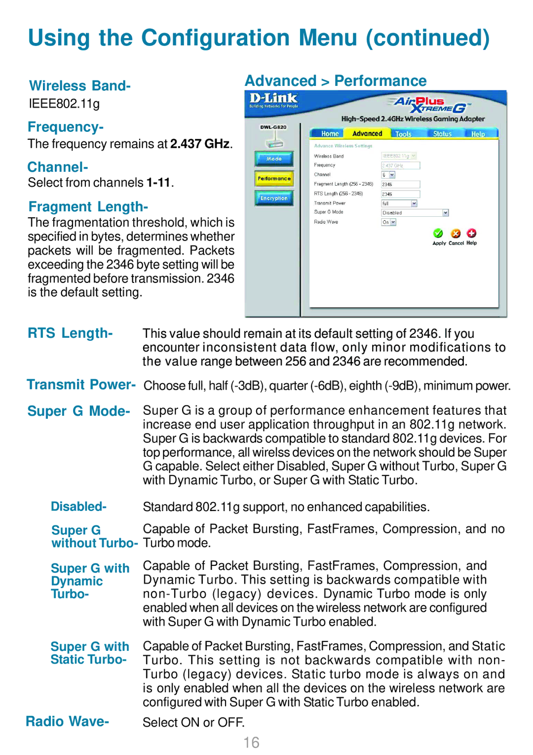 D-Link DWL-G820 manual Advanced Performance, Frequency, Channel, Fragment Length, Radio Wave 