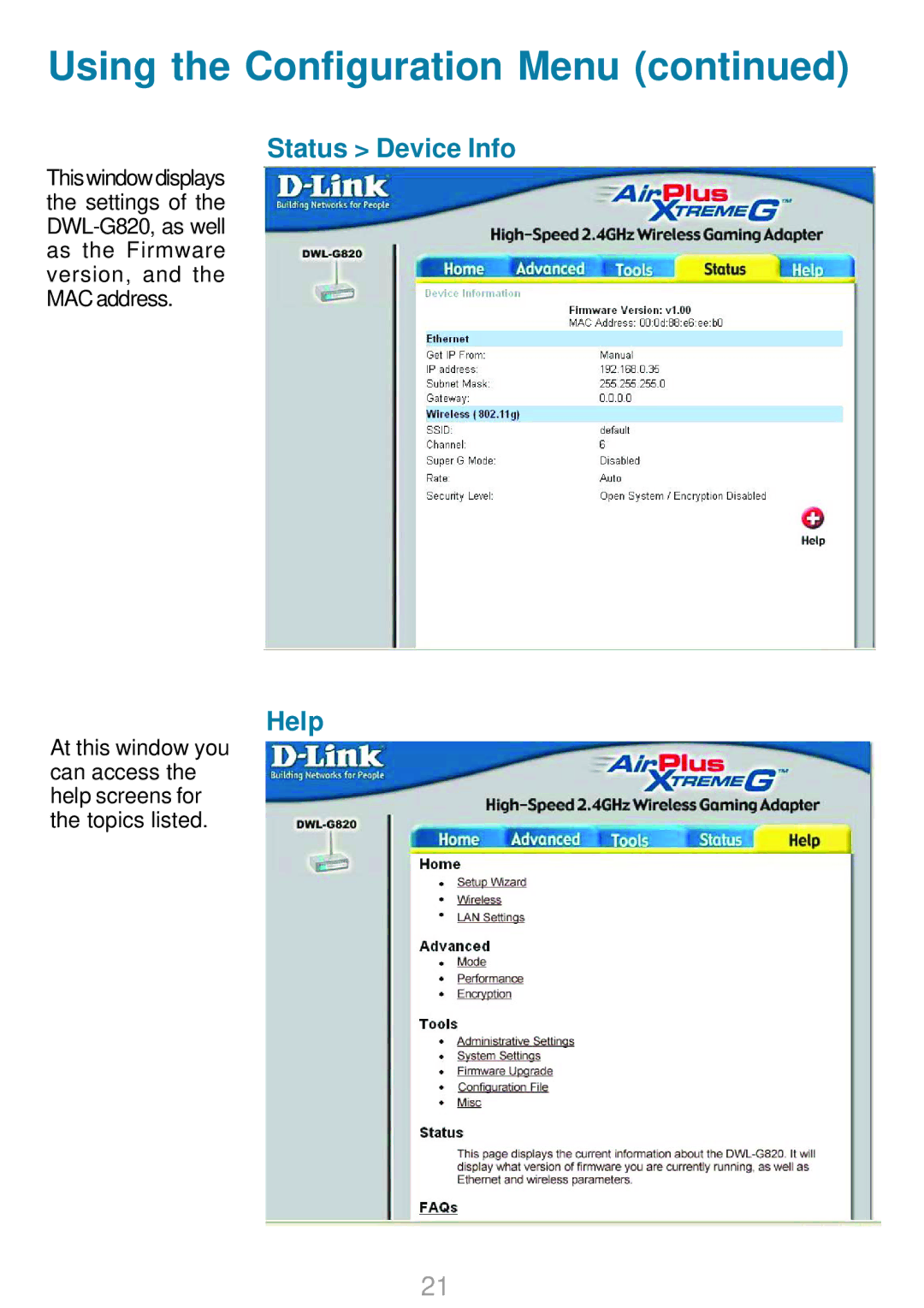 D-Link DWL-G820 manual Status Device Info, Help 