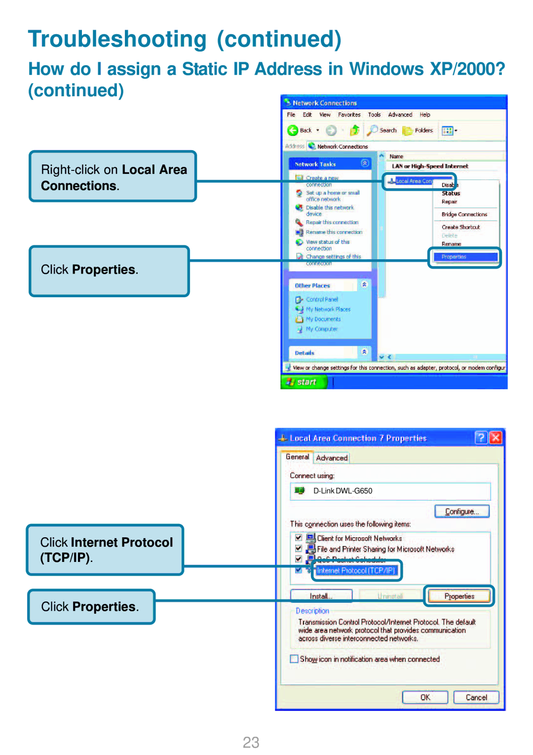 D-Link DWL-G820 Troubleshooting, How do I assign a Static IP Address in Windows XP/2000?, Connections Click Properties 