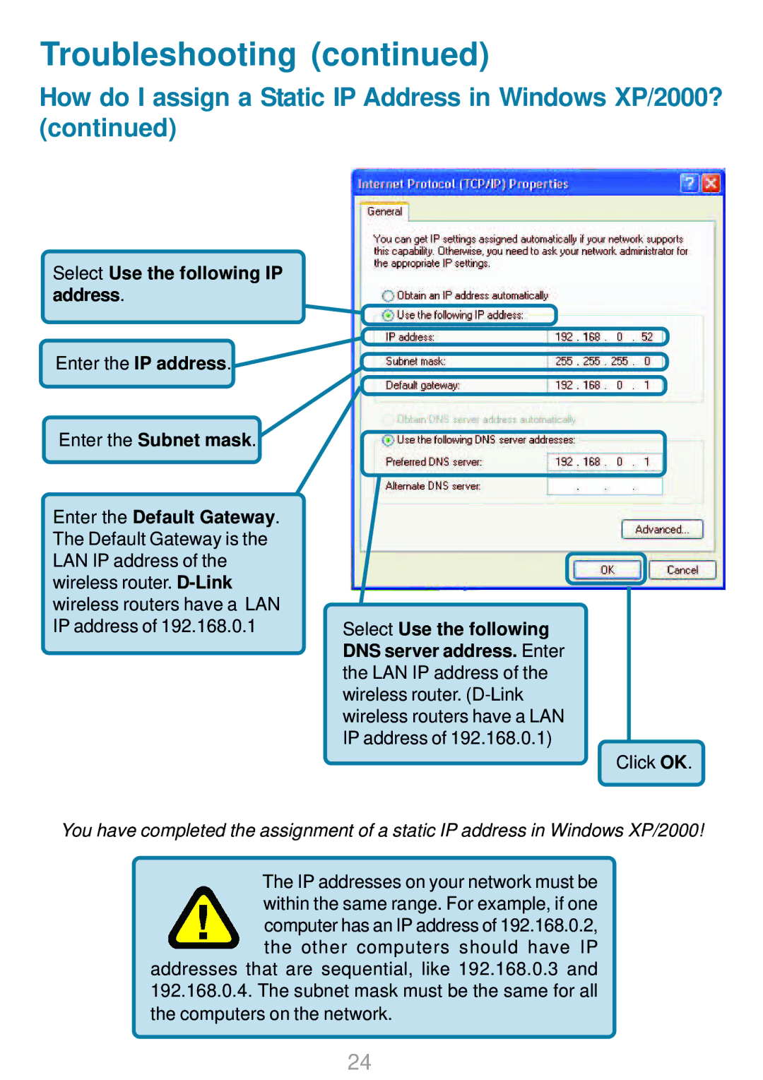 D-Link DWL-G820 manual Select Use the following IP address 