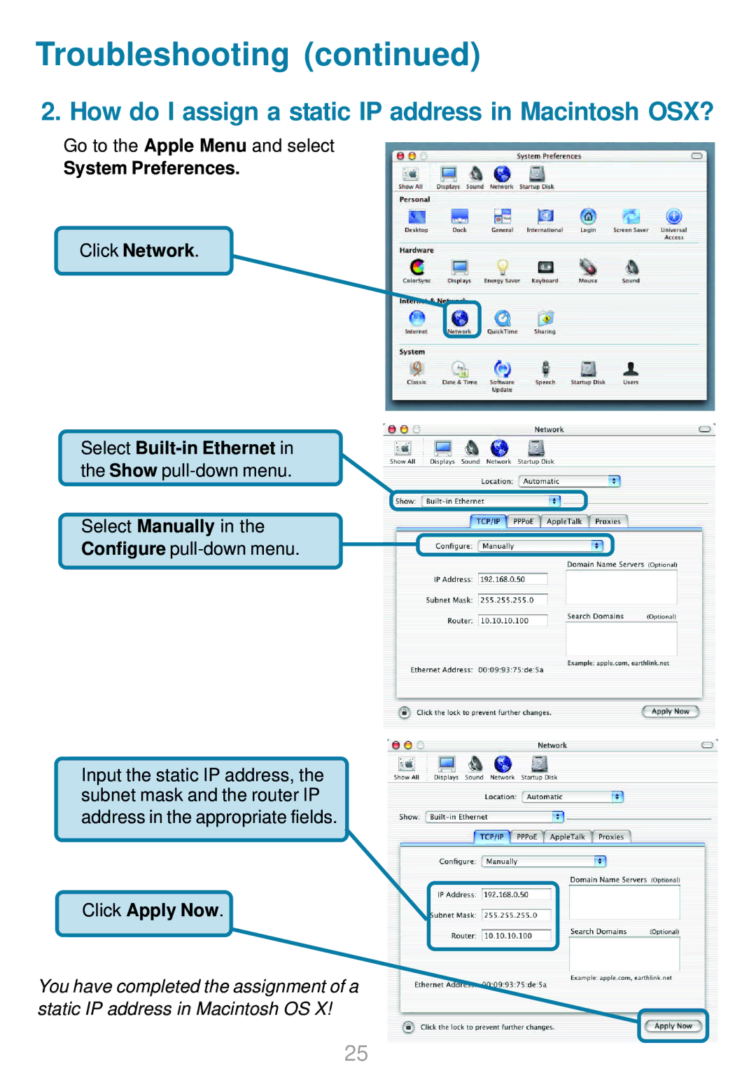 D-Link DWL-G820 manual How do I assign a static IP address in Macintosh OSX?, System Preferences, Click Apply Now 