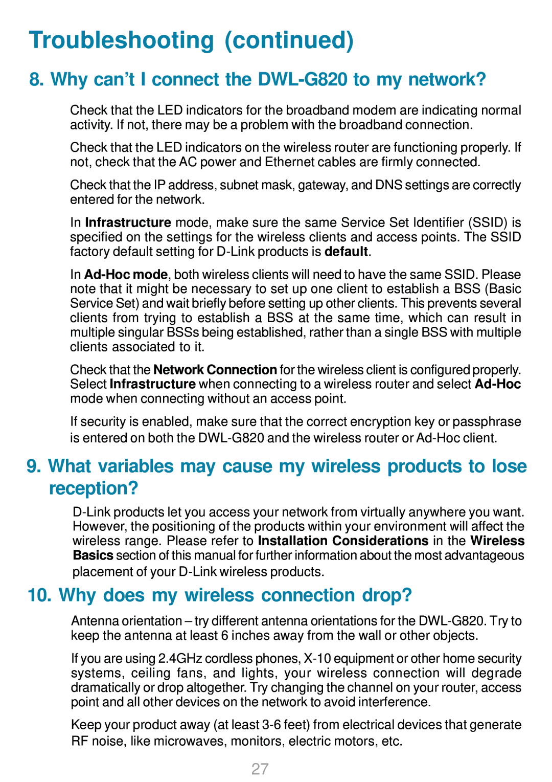 D-Link manual Why can’t I connect the DWL-G820 to my network?, Why does my wireless connection drop? 