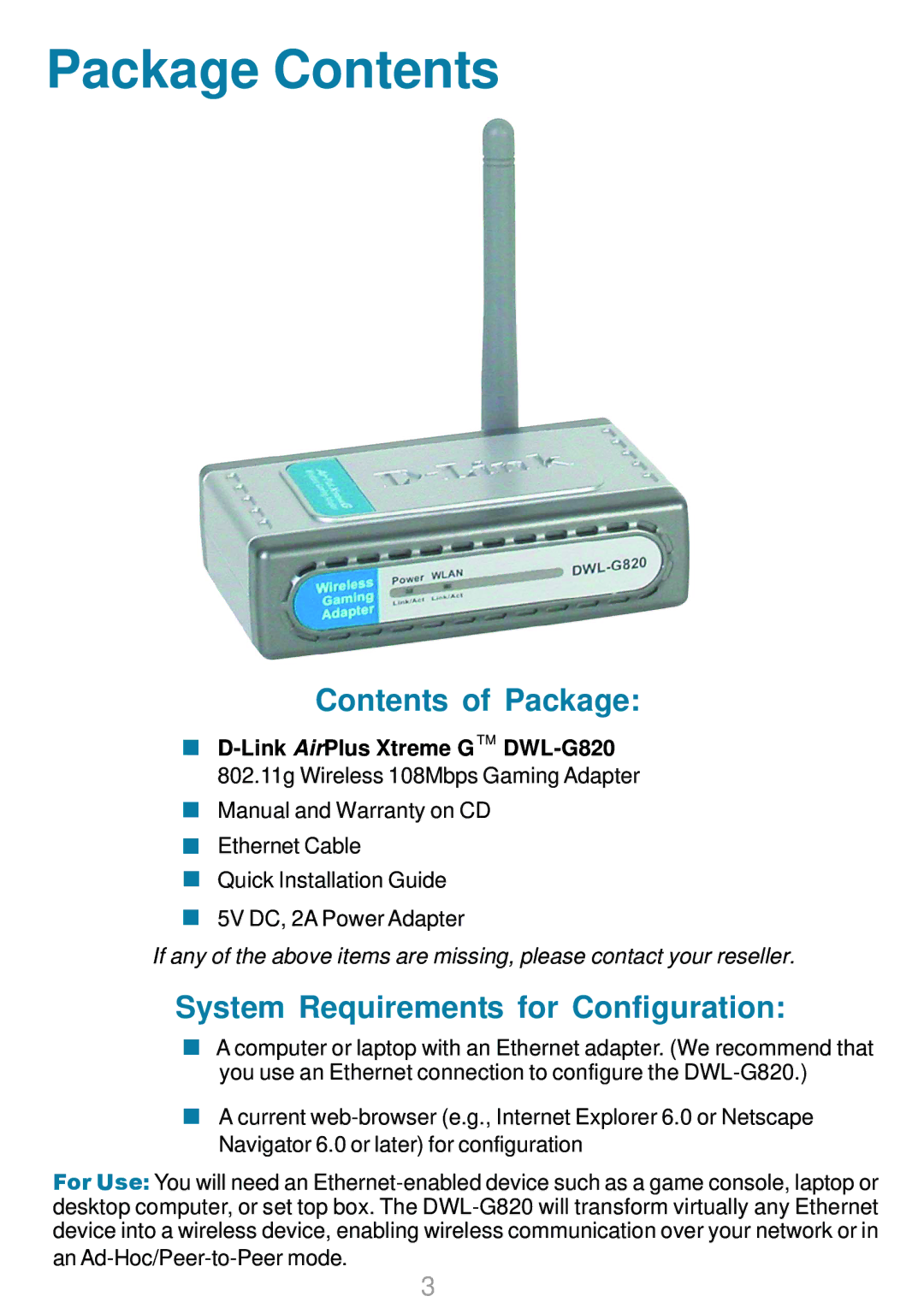 D-Link DWL-G820 manual Package Contents 
