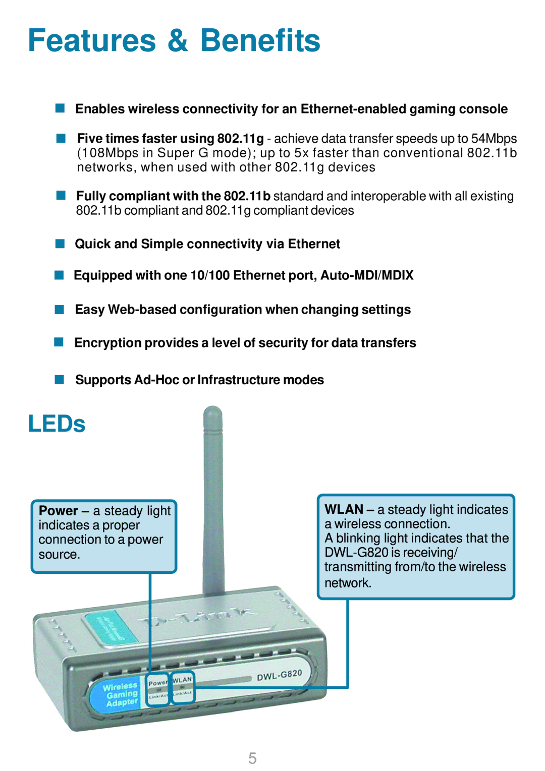 D-Link DWL-G820 manual Features & Benefits, LEDs 