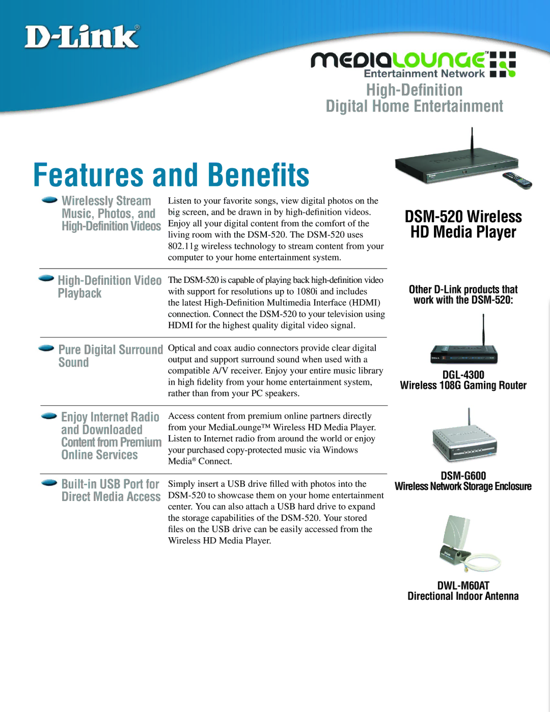 D-Link DSM-G600, DWL-M60AT, DSM-520 manual Playback, Sound, Downloaded, Online Services 