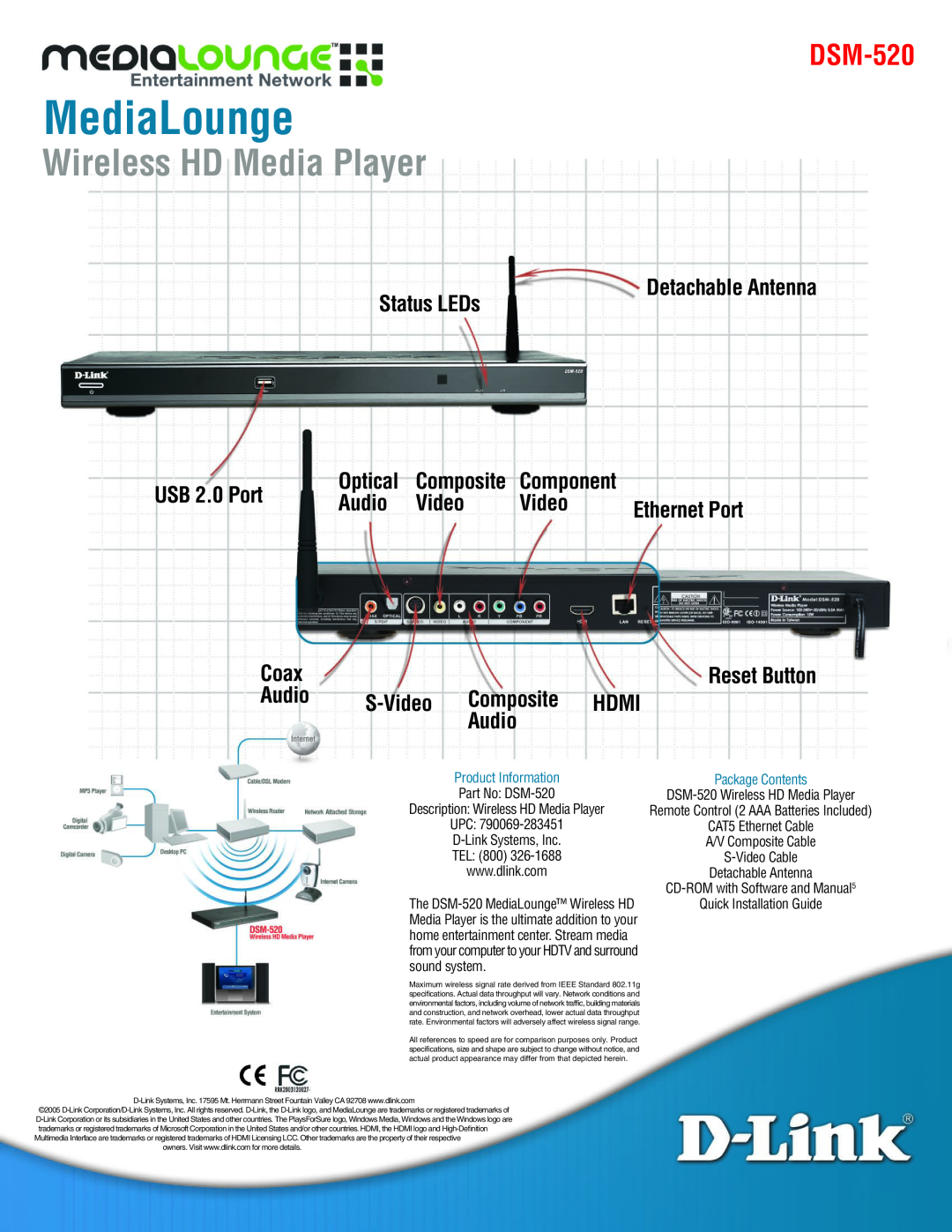 D-Link DSM-520 MediaLounge, Wireless HD Media Player, Status LEDs, Detachable Antenna, USB 2.0 Port, Optical, Audio, Video 