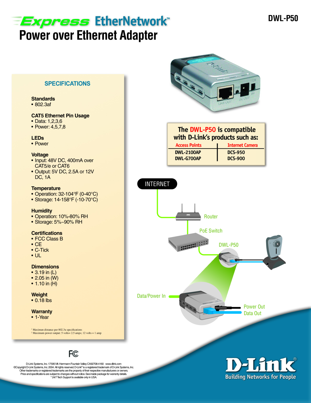D-Link DWL-P50 manual Power over Ethernet Adapter, Internet, Standards, CAT5 Ethernet Pin Usage, LEDs, Voltage, Temperature 