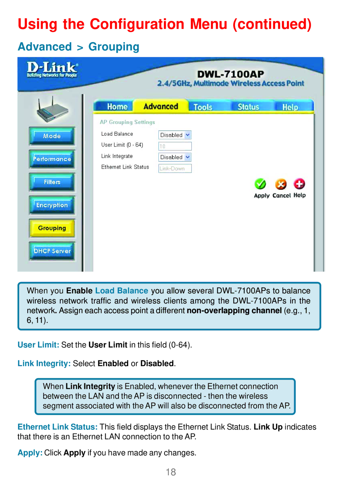 D-Link DWL_7100 manual Advanced Grouping, Load Balance Select Enabled or Disabled 