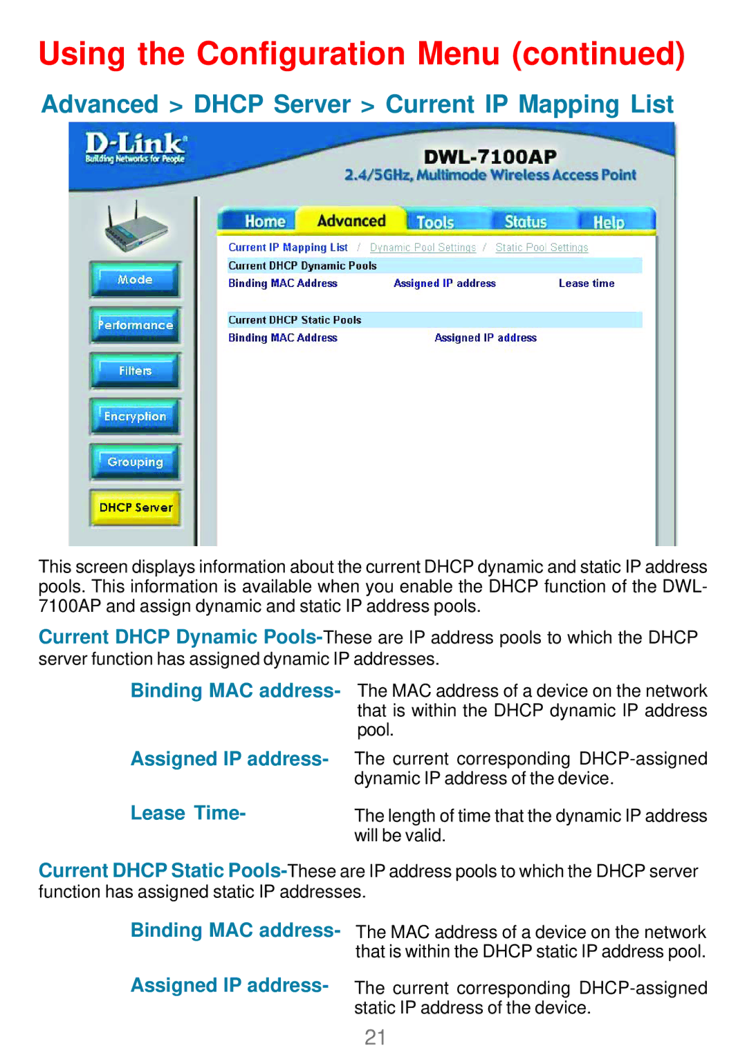 D-Link DWL_7100 manual Advanced Dhcp Server Current IP Mapping List, Assigned IP address Lease Time 