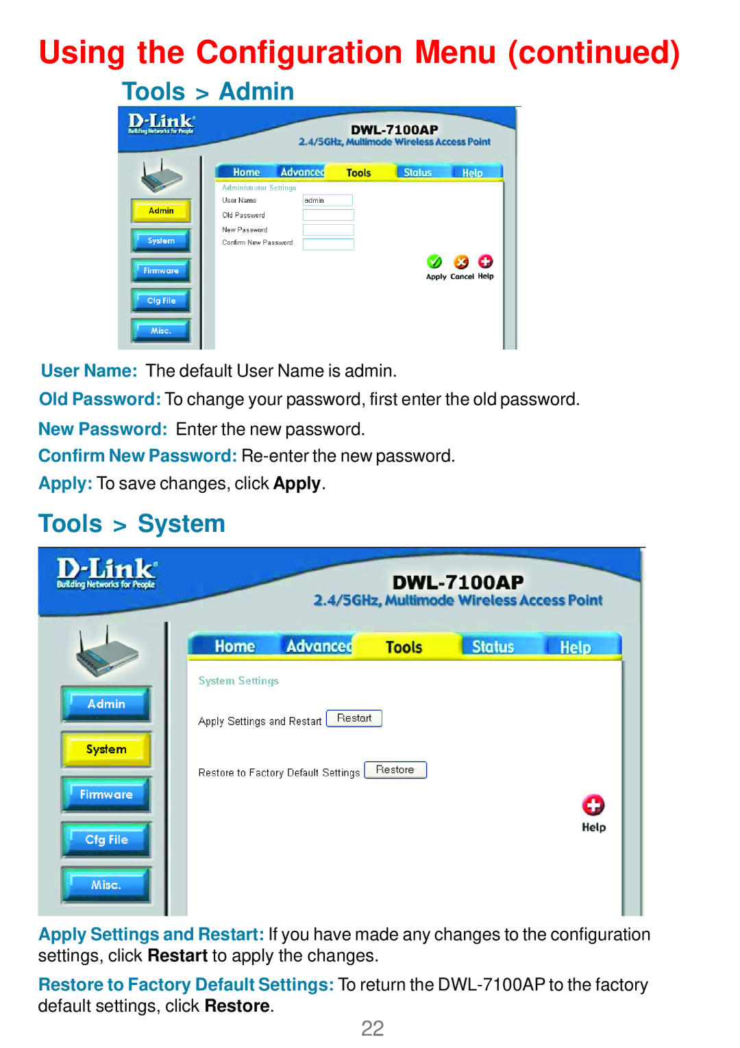 D-Link DWL_7100 manual Tools Admin, Tools System 