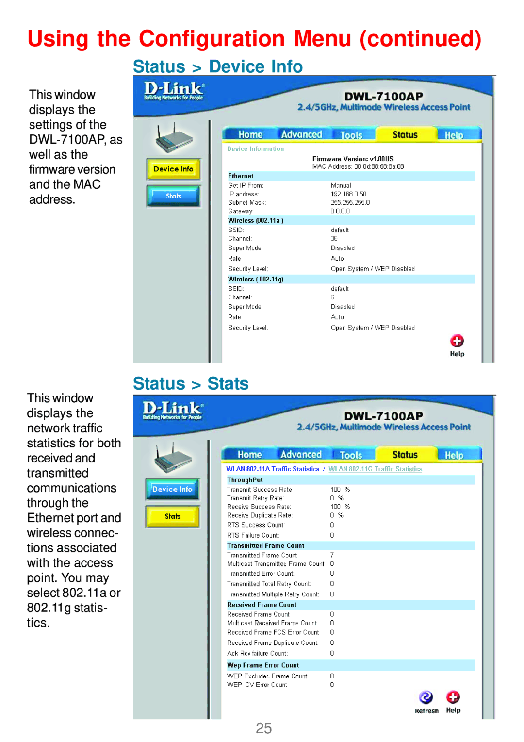 D-Link DWL_7100 manual Status Device Info, Status Stats 