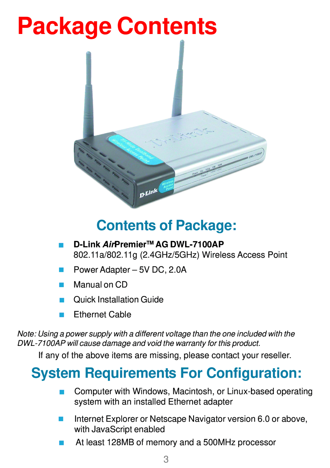 D-Link DWL_7100 manual Package Contents 