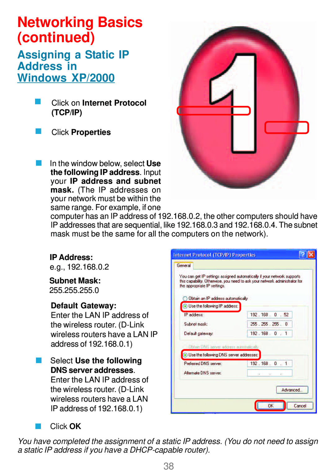 D-Link DWL_7100 manual Assigning a Static IP Address Windows XP/2000, Click on Internet Protocol TCP/IP Click Properties 