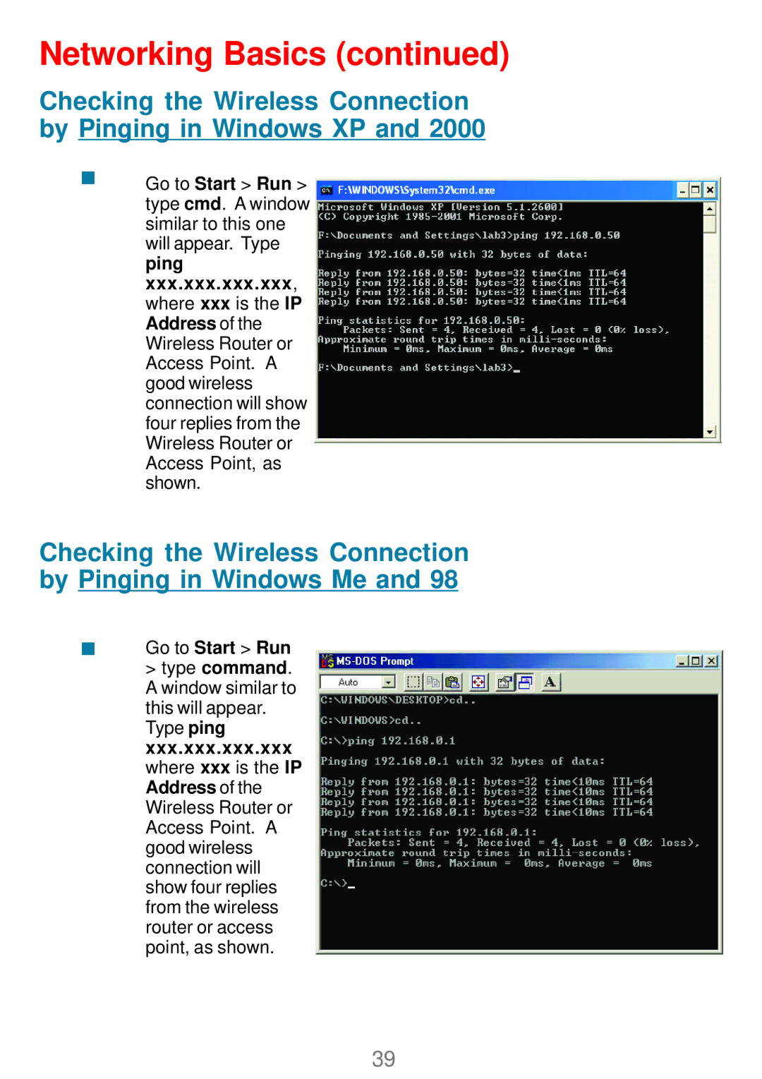 D-Link DWL_7100 manual Checking the Wireless Connection by Pinging in Windows XP 