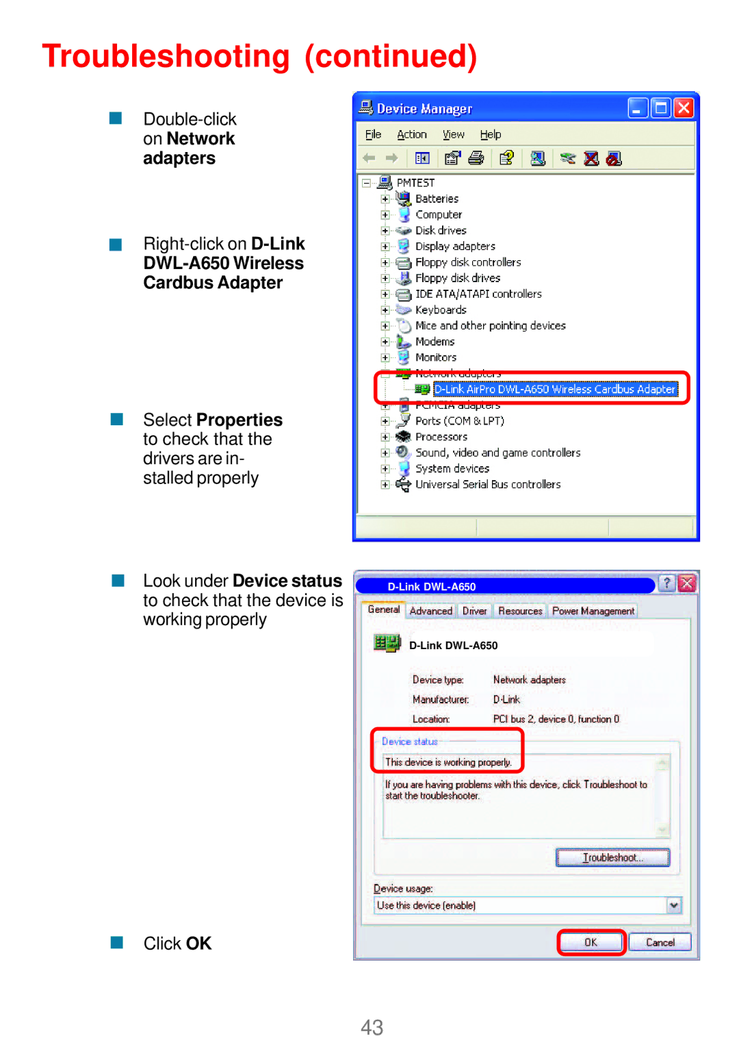 D-Link DWL_7100 manual Double-click on Network adapters Right-click on D-Link 