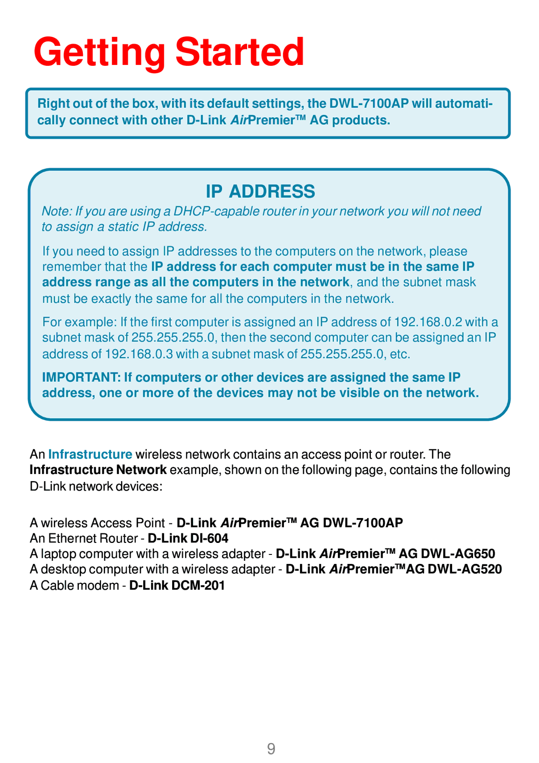 D-Link DWL_7100 manual Getting Started, IP Address 