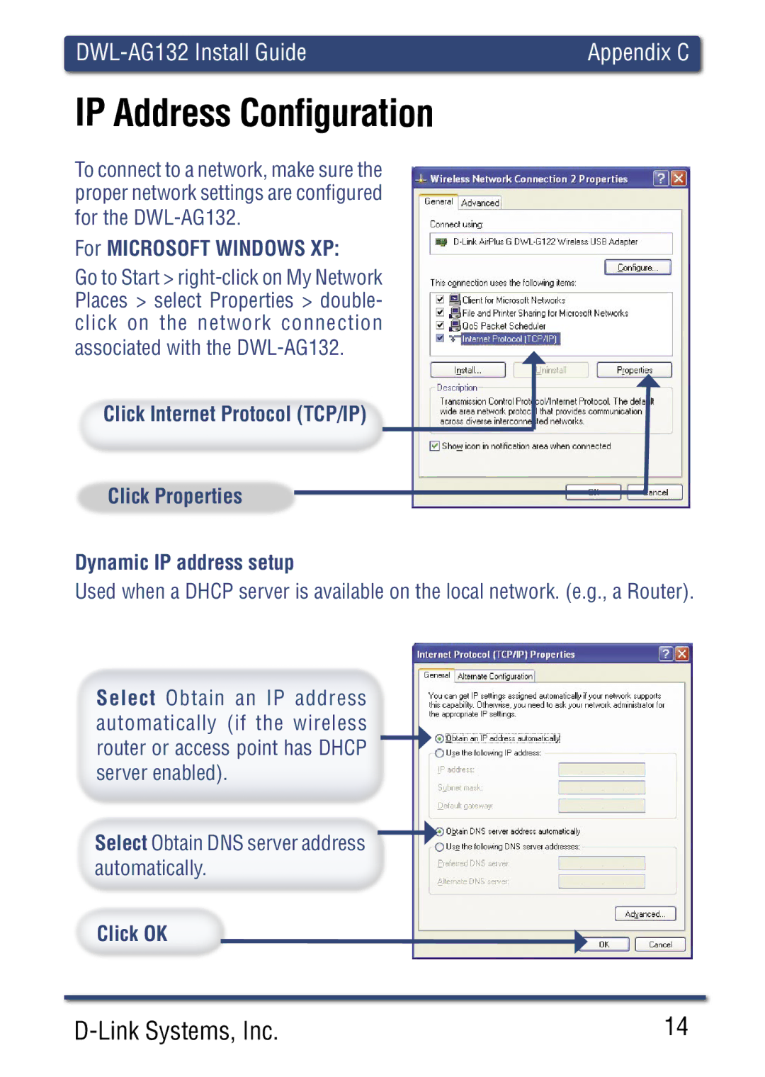 D-Link DWLAG700AP manual For Microsoft Windows XP, Click Internet Protocol TCP/IP Click Properties 