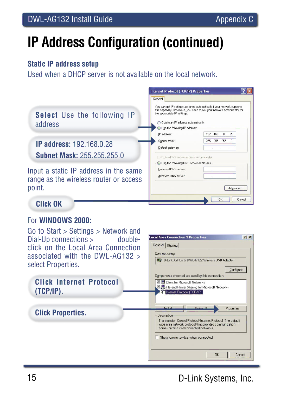 D-Link DWLAG700AP manual Static IP address setup, IP address Subnet Mask, Click OK For Windows 