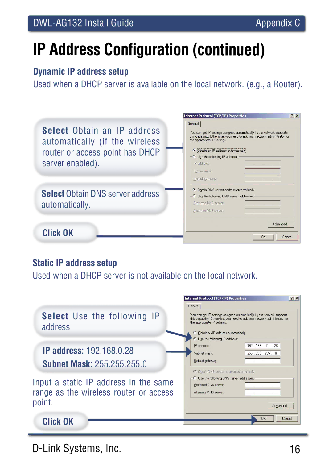 D-Link DWLAG700AP manual Dynamic IP address setup, Click OK Static IP address setup 