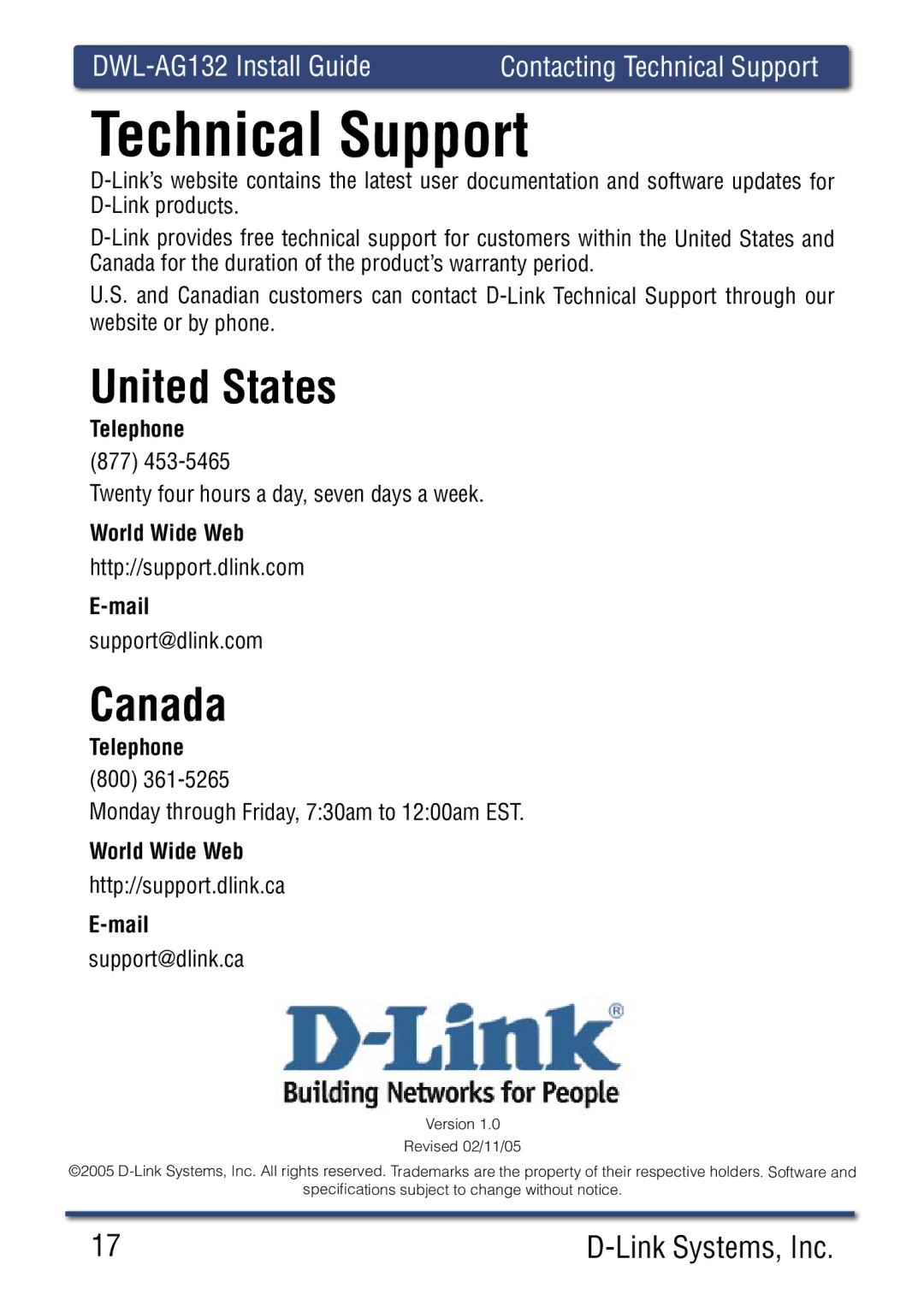 D-Link DWLAG700AP manual DWL-AG132 Install Guide Contacting Technical Support 