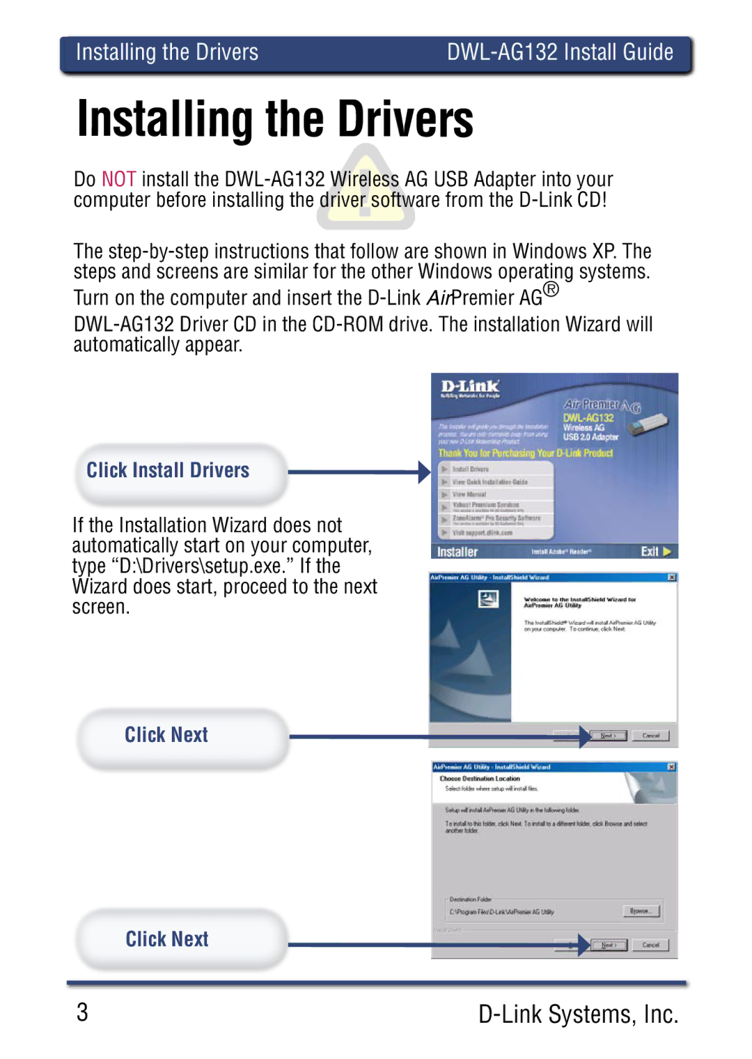 D-Link DWLAG700AP manual Click Install Drivers, Click Next 