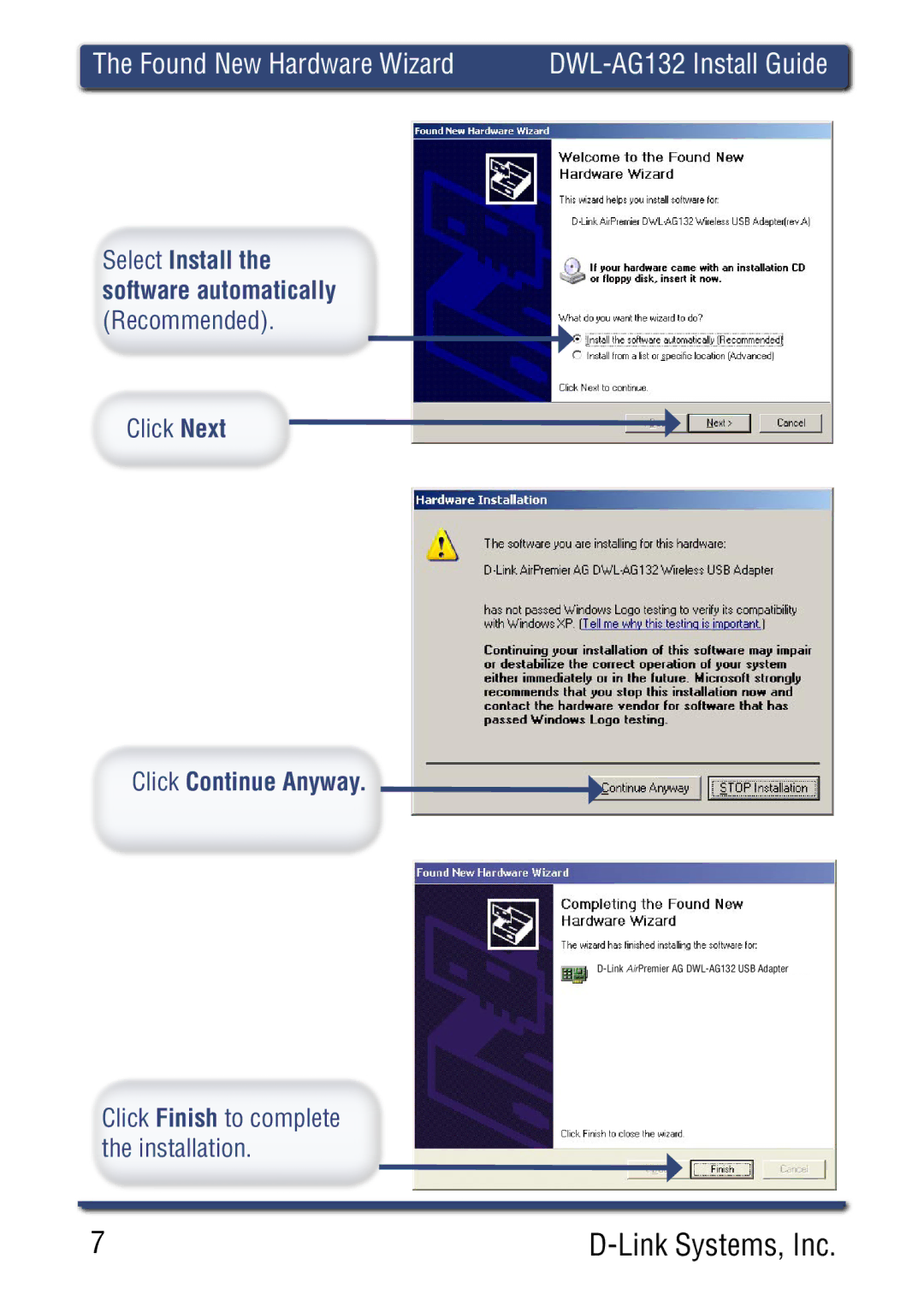 D-Link DWLAG700AP manual Found New Hardware Wizard DWL-AG132 Install Guide 