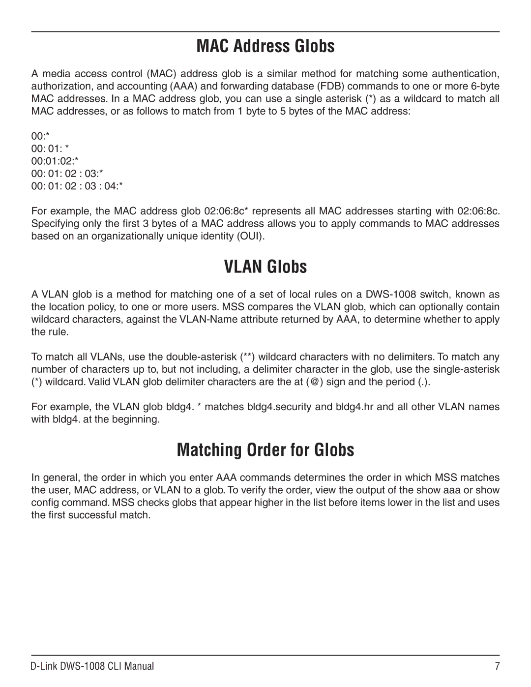 D-Link dws-1008 manual MAC Address Globs 