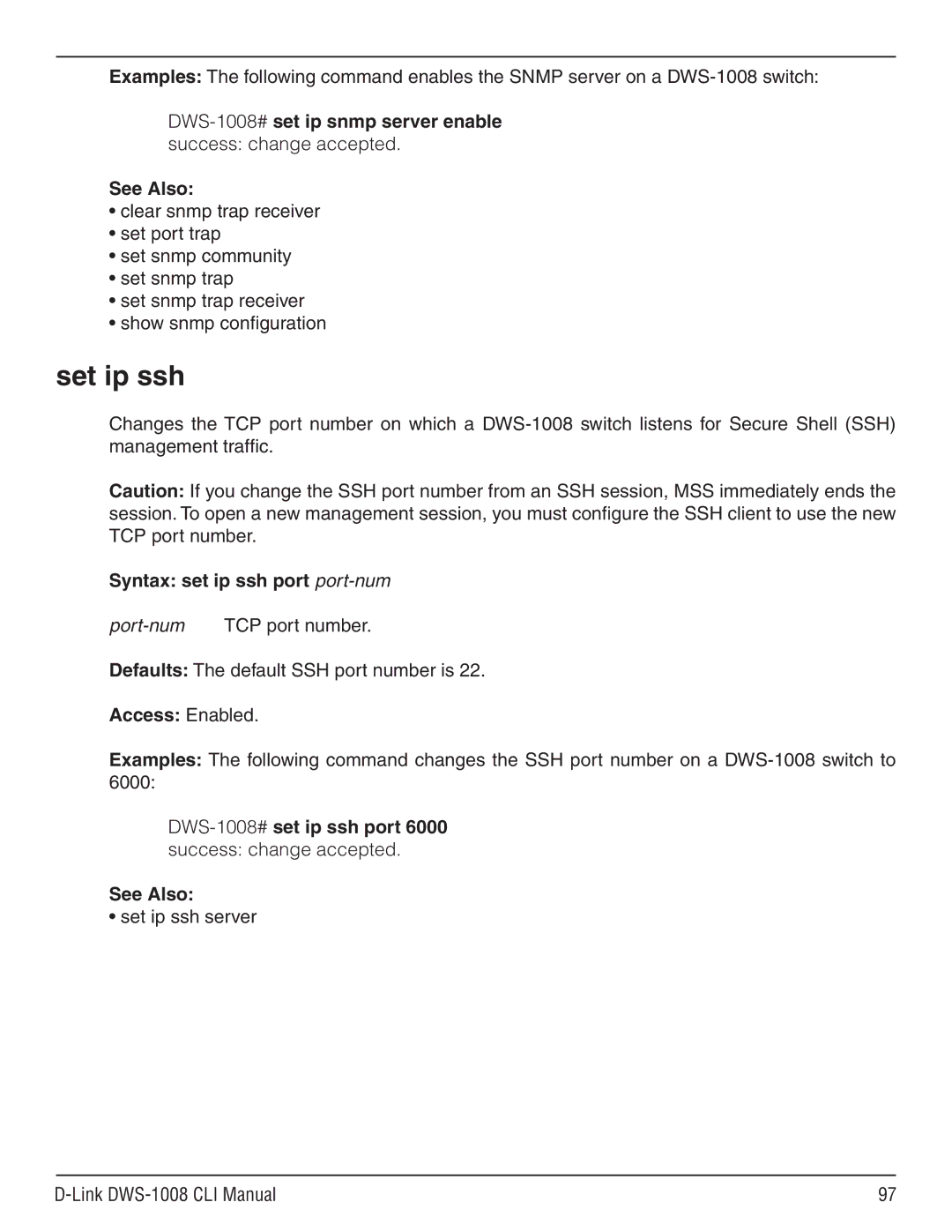 D-Link dws-1008 manual Syntax set ip ssh port port-num, Set ip ssh server Link DWS-1008 CLI Manual 