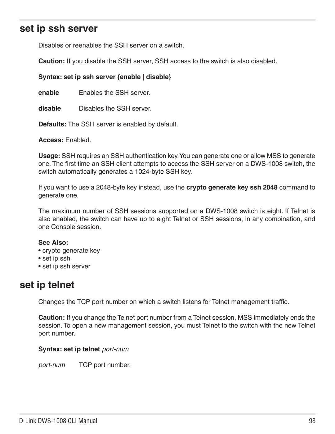 D-Link dws-1008 Set ip ssh server, Set ip telnet, Syntax set ip ssh server enable disable, Syntax set ip telnet port-num 