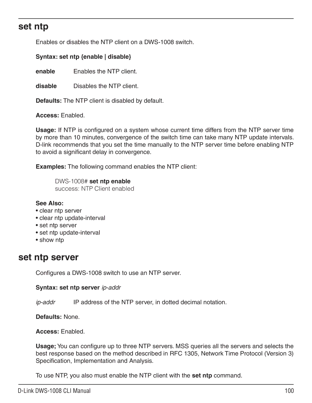 D-Link dws-1008 manual Set ntp server, Syntax set ntp enable disable, Syntax set ntp server ip-addr 