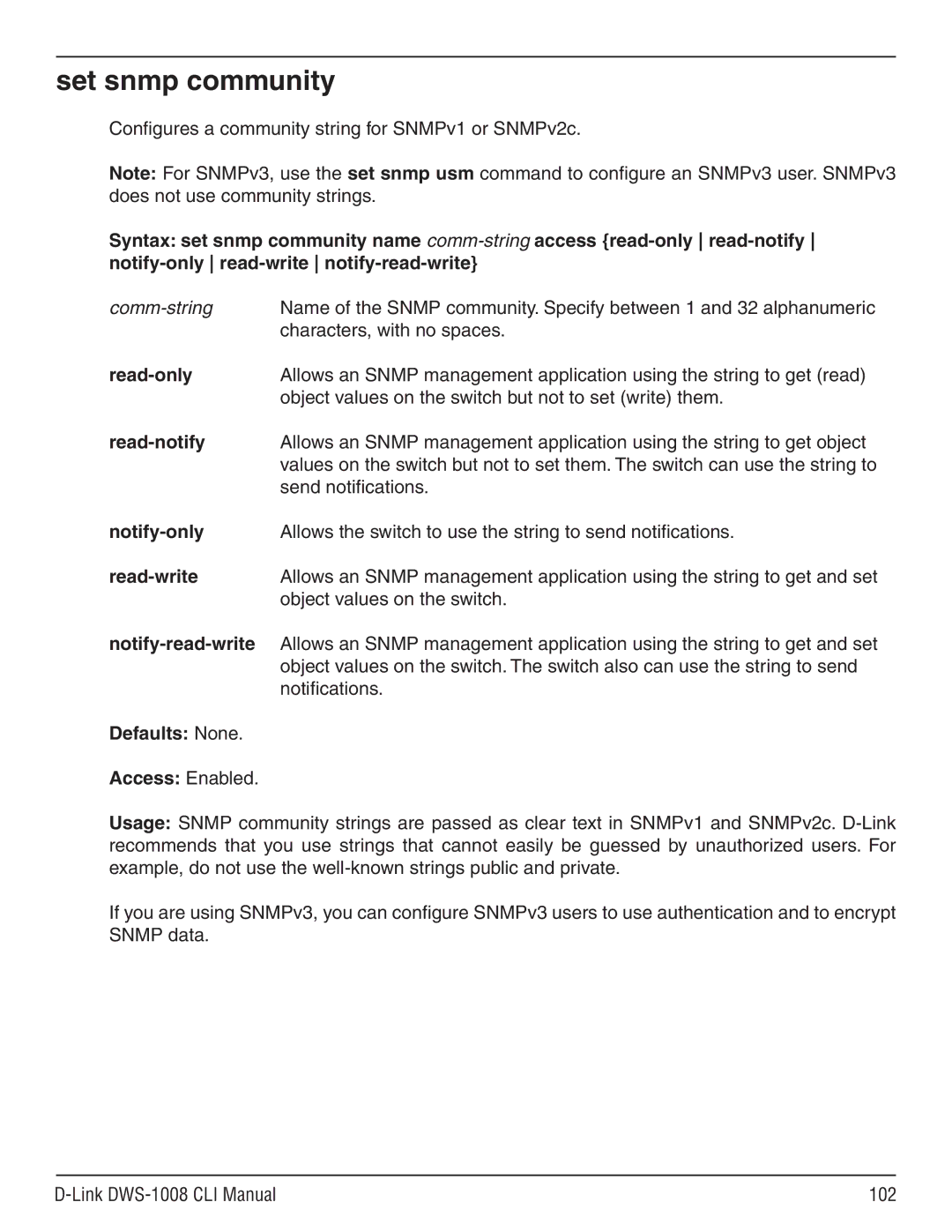 D-Link dws-1008 manual Set snmp community 