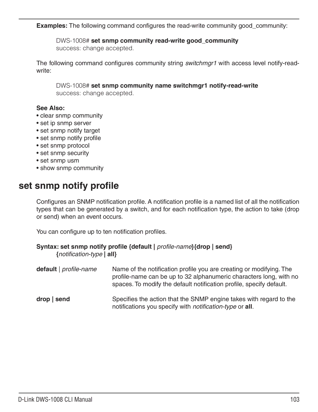 D-Link dws-1008 manual Set snmp notify profile, Default profile-name, Drop send, Link DWS-1008 CLI Manual 103 