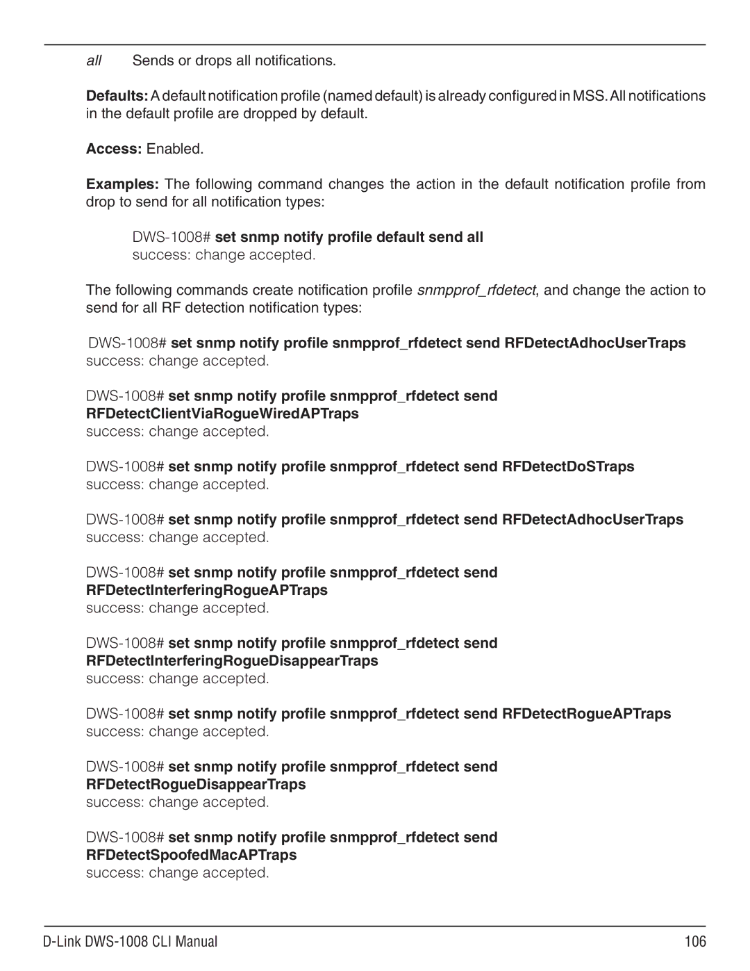 D-Link dws-1008 manual DWS-1008#set snmp notify profile snmpprofrfdetect send 