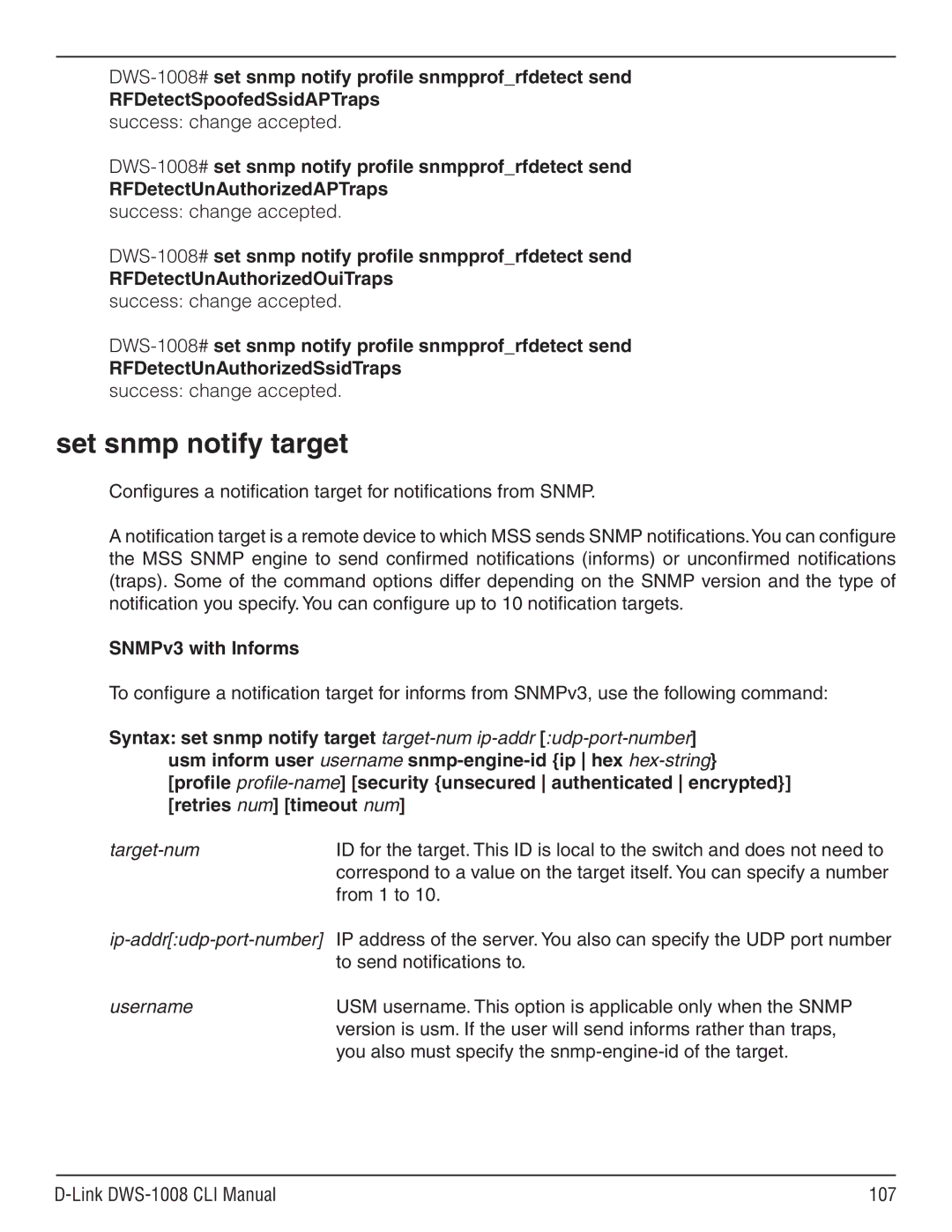 D-Link dws-1008 manual Set snmp notify target, SNMPv3 with Informs, Username 