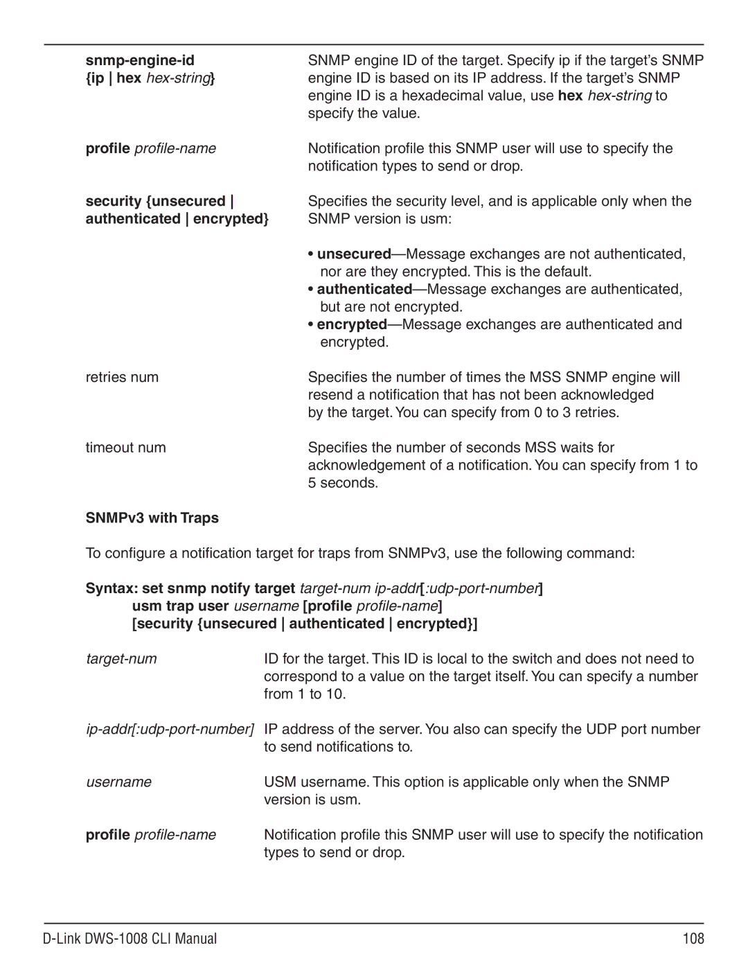 D-Link dws-1008 manual Snmp-engine-id, Ip hex hex-string, Security unsecured, Authenticated encrypted, SNMPv3 with Traps 