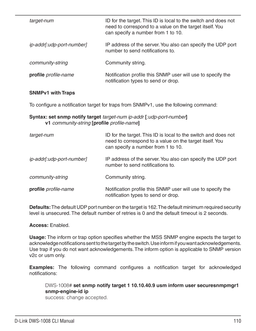 D-Link dws-1008 manual SNMPv1 with Traps, Success change accepted Link DWS-1008 CLI Manual 110 