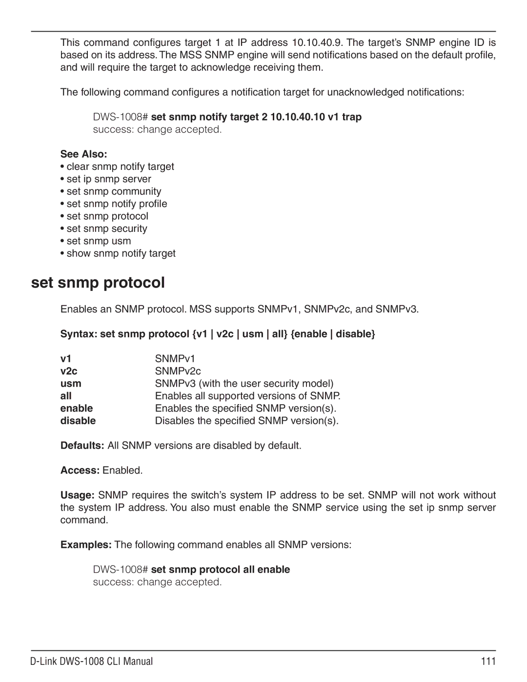 D-Link dws-1008 manual Set snmp protocol, Syntax set snmp protocol v1 v2c usm all enable disable, V2c, Usm 