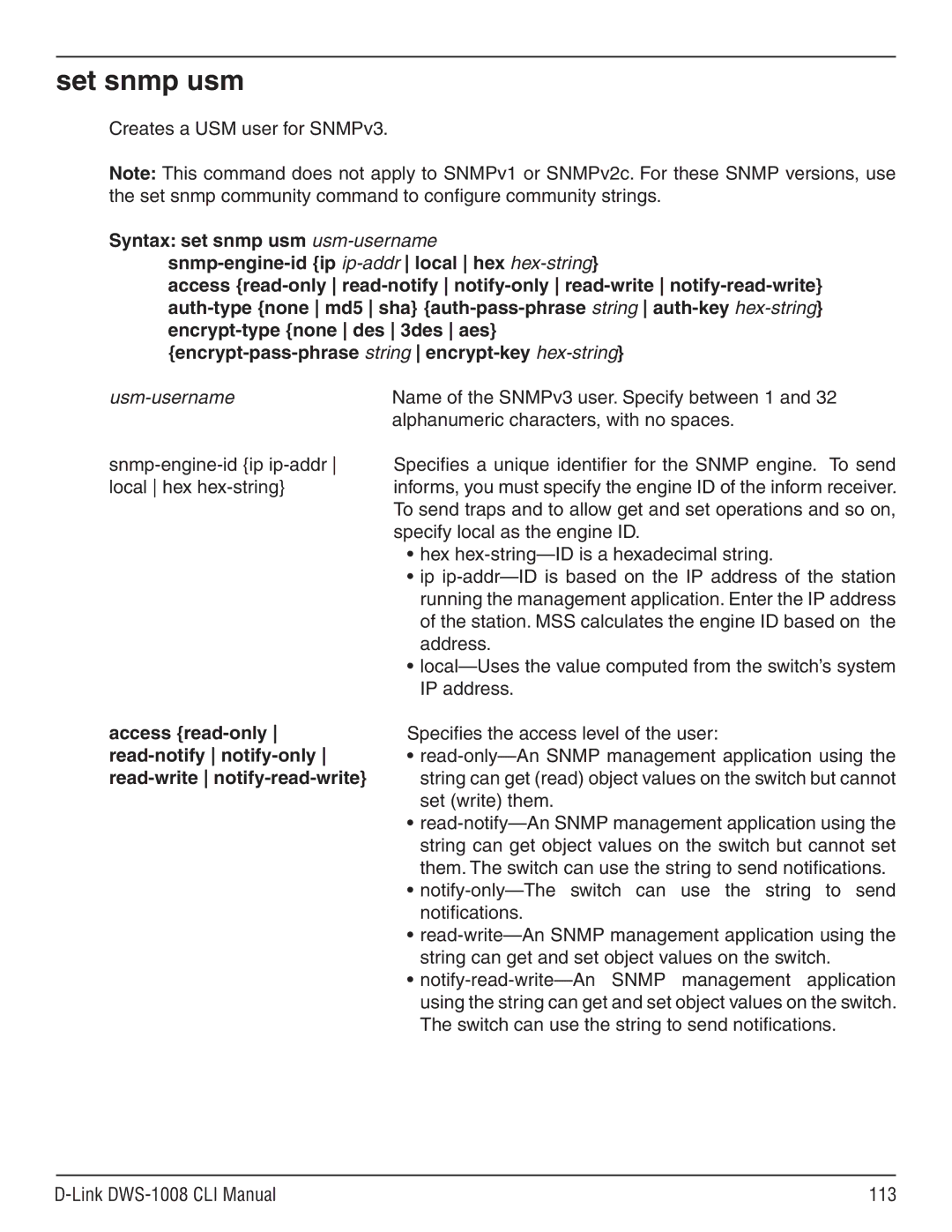 D-Link dws-1008 manual Set snmp usm, Creates a USM user for SNMPv3 