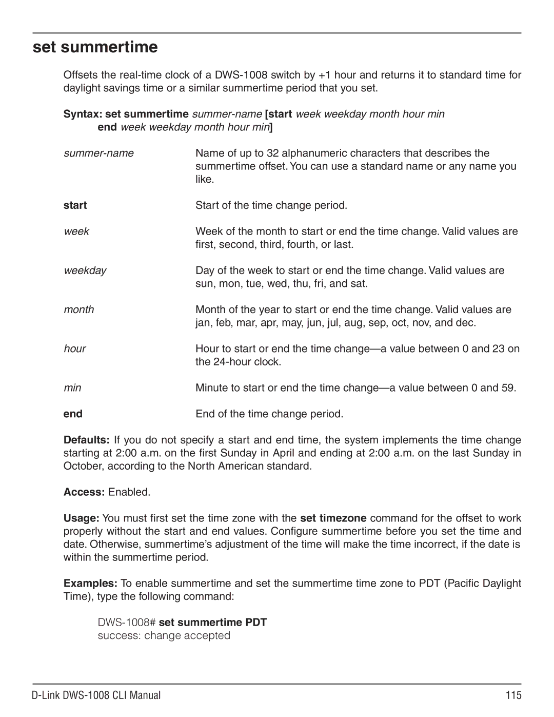 D-Link dws-1008 manual Set summertime, Start of the time change period, End of the time change period 