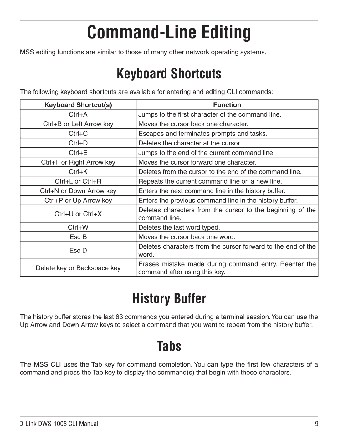 D-Link dws-1008 manual Command-Line Editing, Keyboard Shortcuts Function 