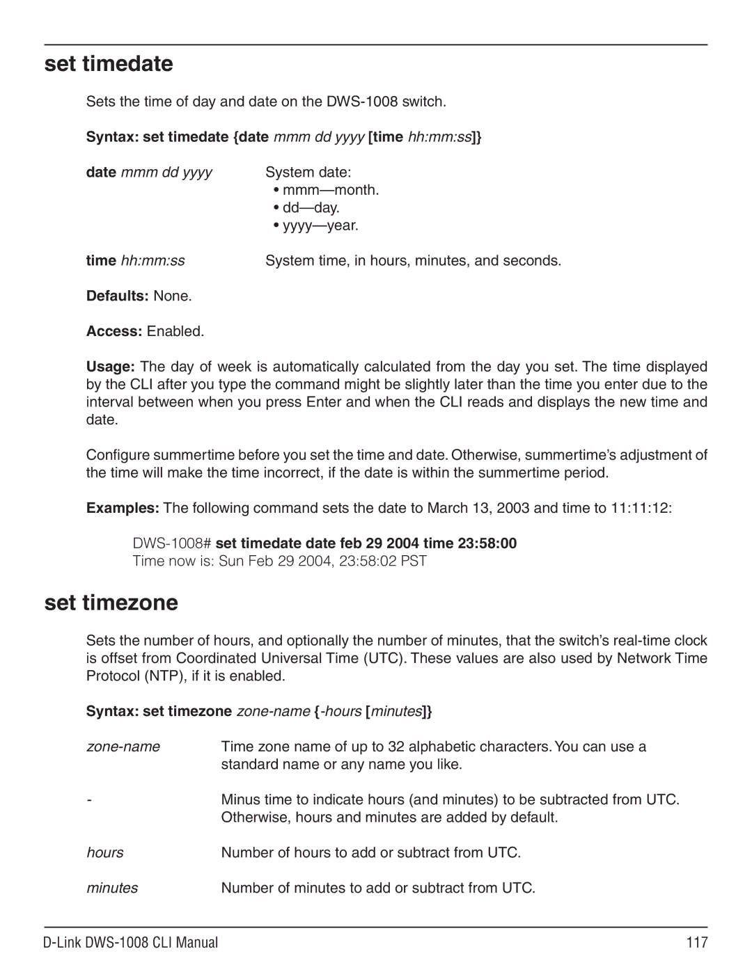 D-Link dws-1008 manual Set timedate, Set timezone, Syntax set timedate date mmm dd yyyy time hhmmss 