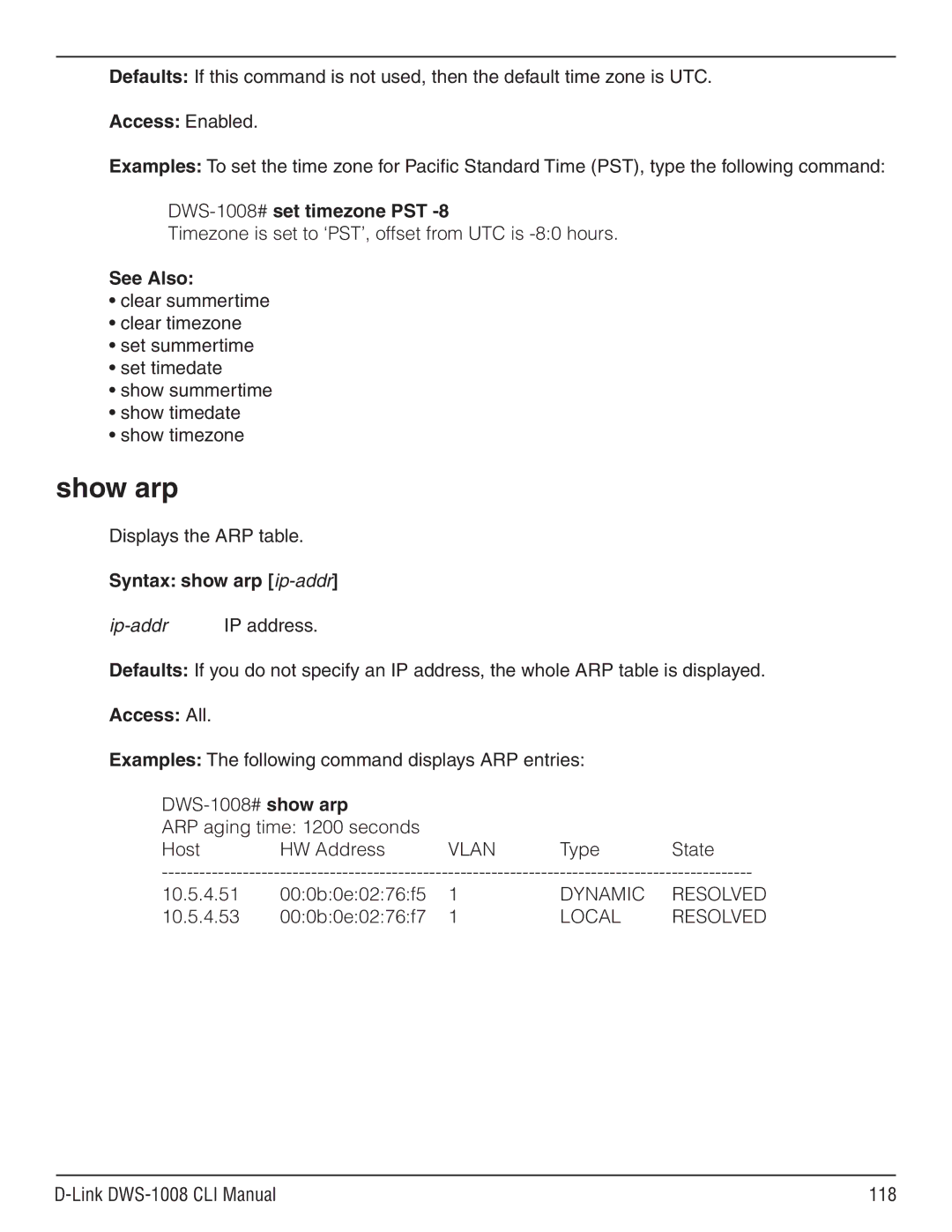 D-Link dws-1008 manual Show arp, DWS-1008#set timezone PST, Syntax show arp ip-addr, Ip-addr IP address 