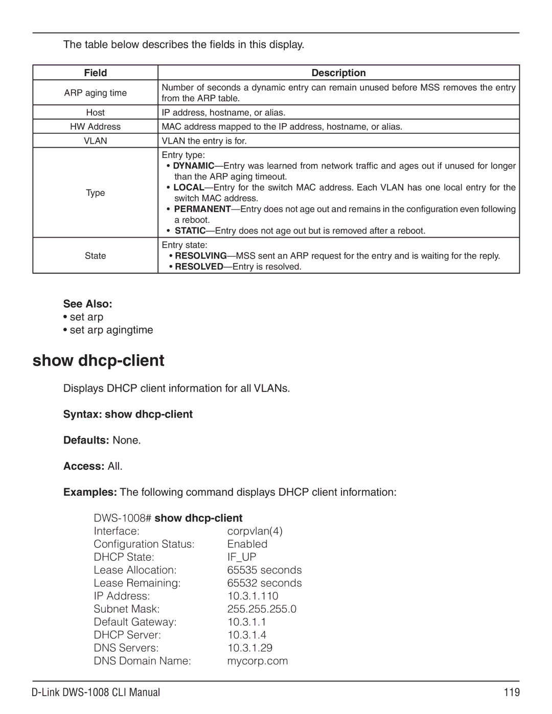 D-Link dws-1008 manual Show dhcp-client, Syntax show dhcp-client Defaults None Access All, DWS-1008#show dhcp-client, Ifup 