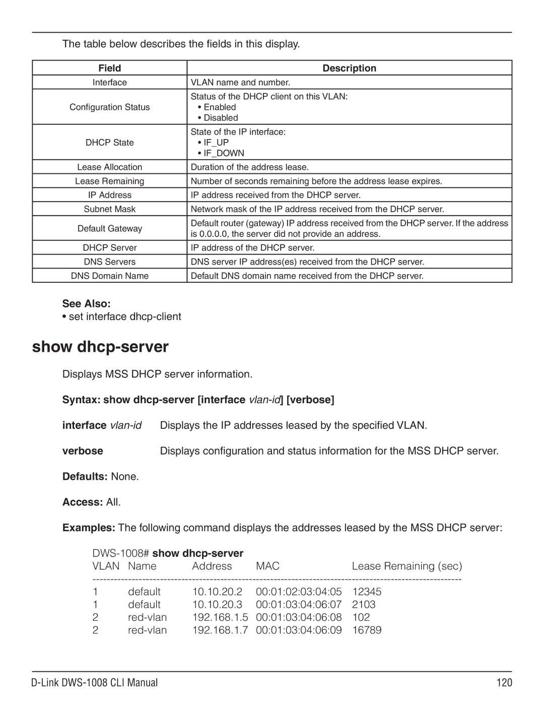 D-Link dws-1008 Show dhcp-server, Syntax show dhcp-server interface vlan-id verbose, Verbose, DWS-1008# show dhcp-server 