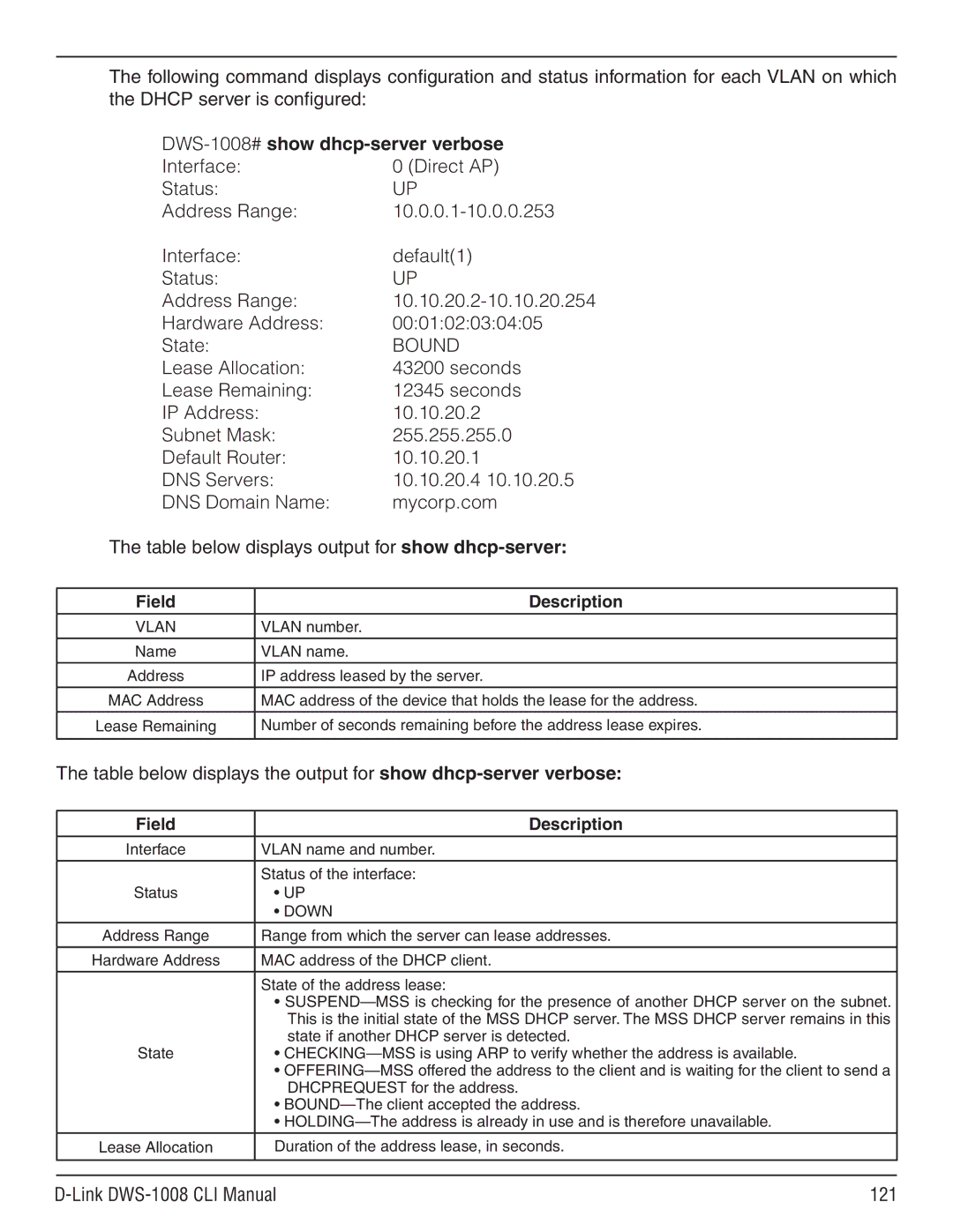 D-Link dws-1008 manual DWS-1008#show dhcp-server verbose, Bound, Link DWS-1008 CLI Manual 121 