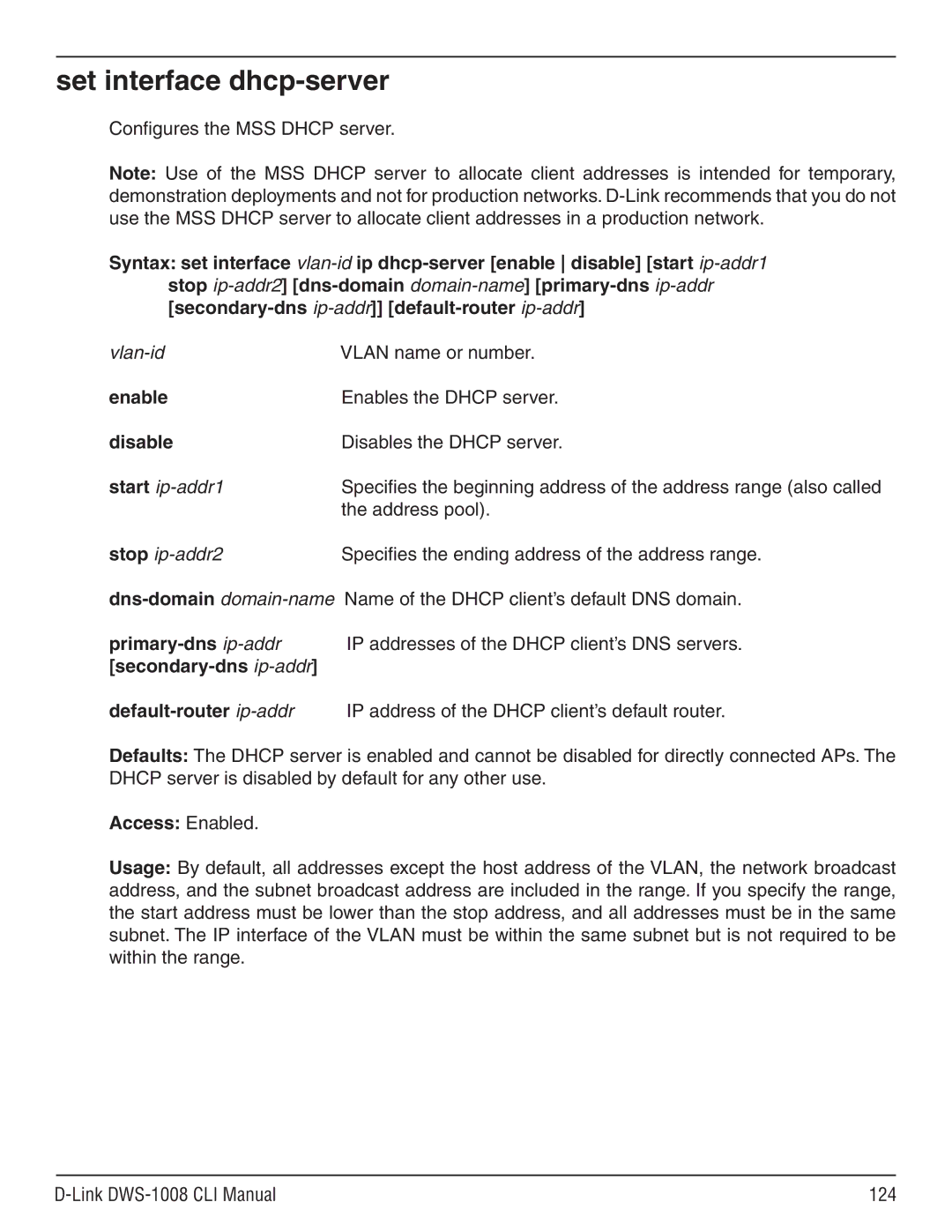 D-Link dws-1008 manual Set interface dhcp-server 