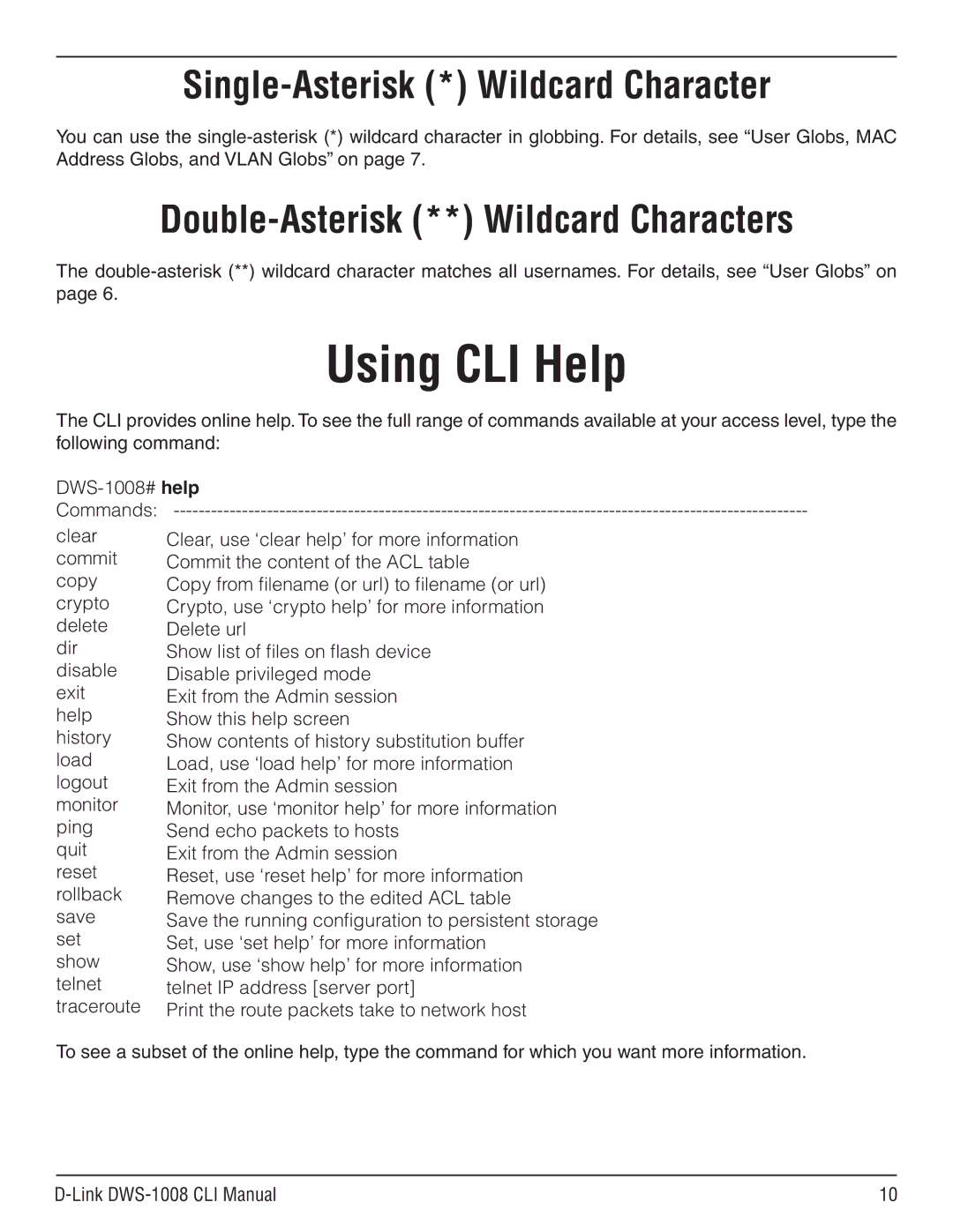 D-Link dws-1008 manual Using CLI Help 