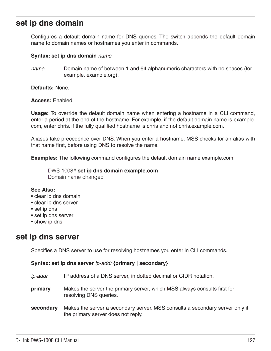 D-Link dws-1008 manual Set ip dns domain 