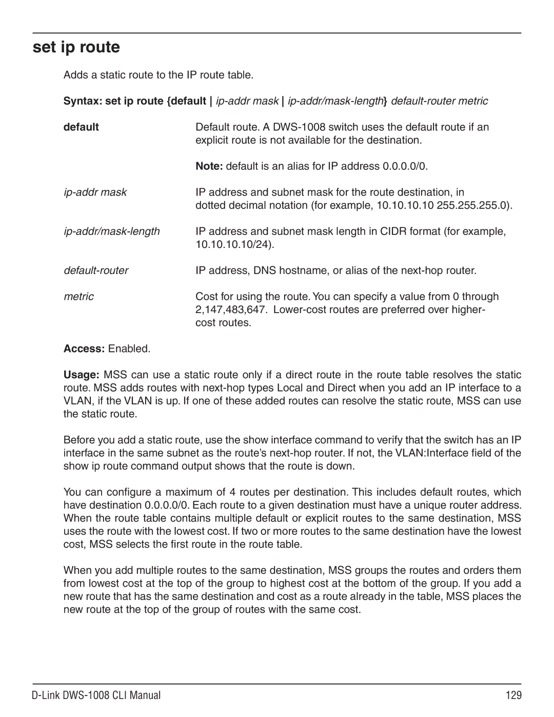 D-Link dws-1008 manual Ip-addr/mask-length, Default-router, Metric 